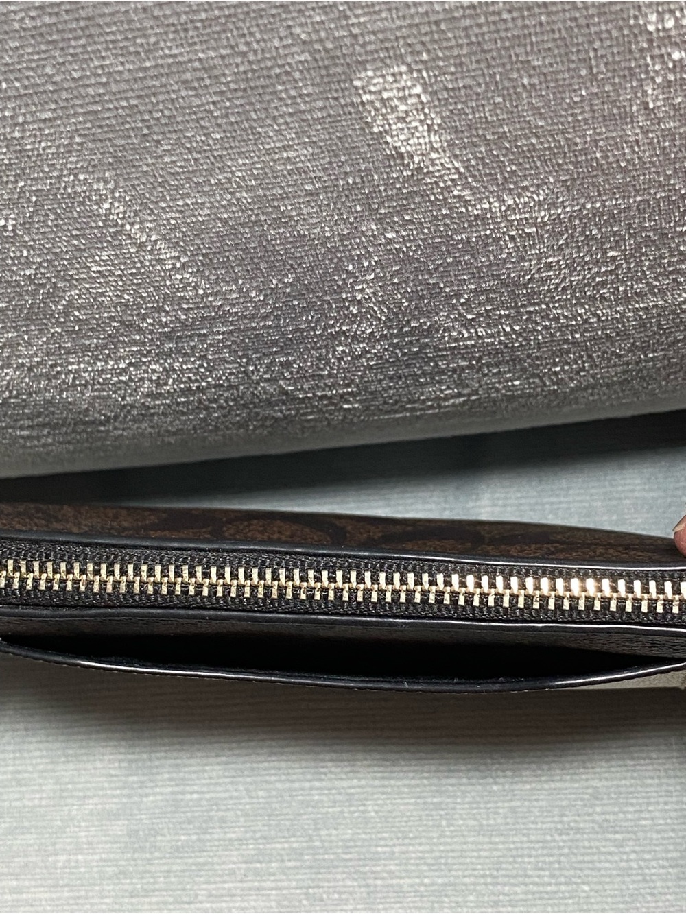 Coach Signature Two-Tone Brown Leather Zip Wristlet with Gold Metallic Pocket - Picture 5 of 14